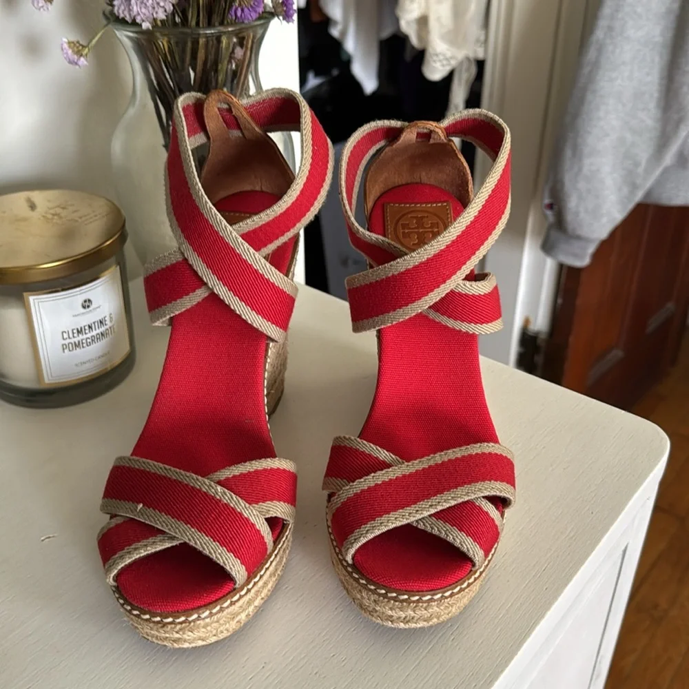Tory Burch Red and Beige Wedge Sandals - Picture 2 of 5